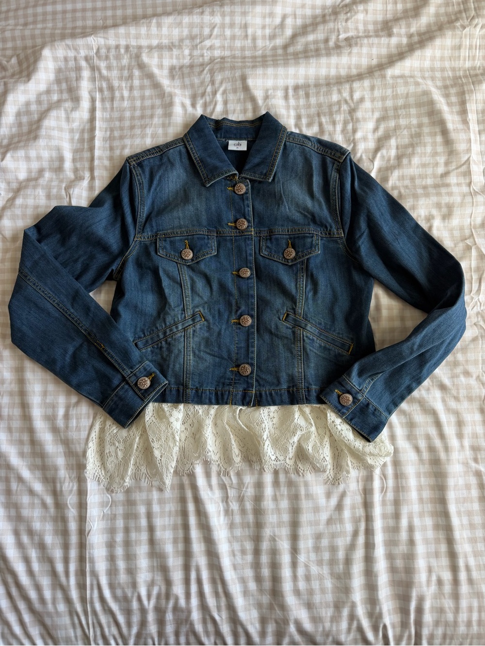 Cabi Denim Blue Button Jacket with Cream Lace Detail (M)